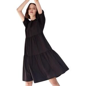 Everlane Dress Womens Size 2 Black Mini Tiered Cotton Puff Sleeve Pocket Minimal